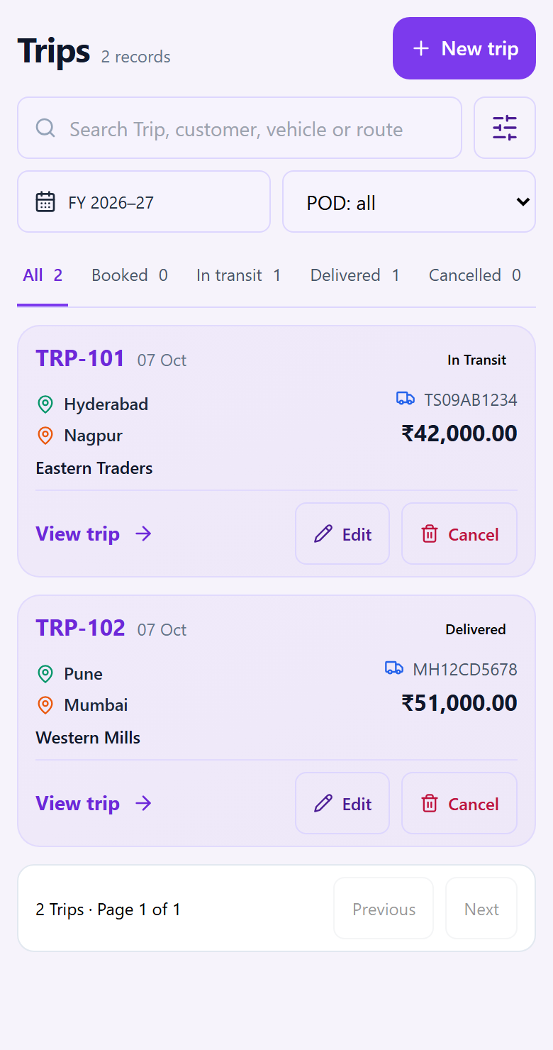 Trips & dispatch mobile screen with sample data